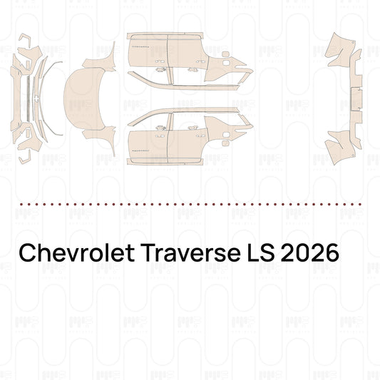 Pre-cut PPF pattern set for the Chevrolet Traverse LS 2026: outlines of every film piece in the kit.
