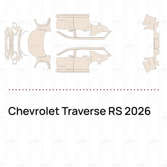 Pre-cut PPF pattern set for the Chevrolet Traverse RS 2026: outlines of every film piece in the kit.