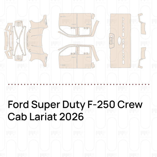 Pre-cut PPF pattern set for the Ford Super Duty F-250 Crew Cab Lariat 2026: outlines of every film piece in the kit.