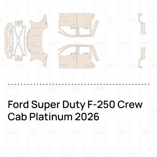 Pre-cut PPF pattern set for the Ford Super Duty F-250 Crew Cab Platinum 2026: outlines of every film piece in the kit.
