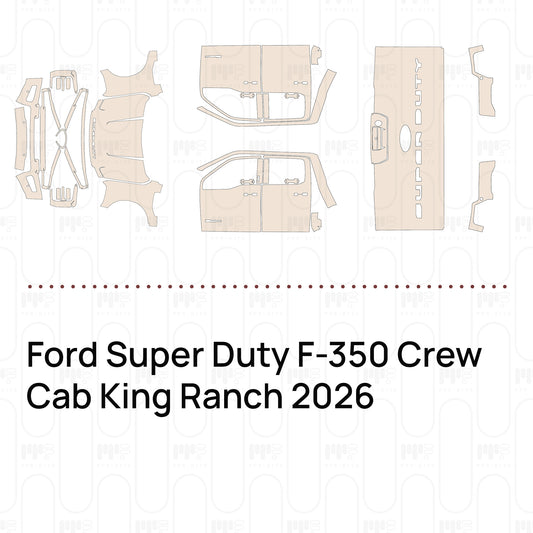 Pre-cut PPF pattern set for the Ford Super Duty F-350 Crew Cab King Ranch 2026: outlines of every film piece in the kit.