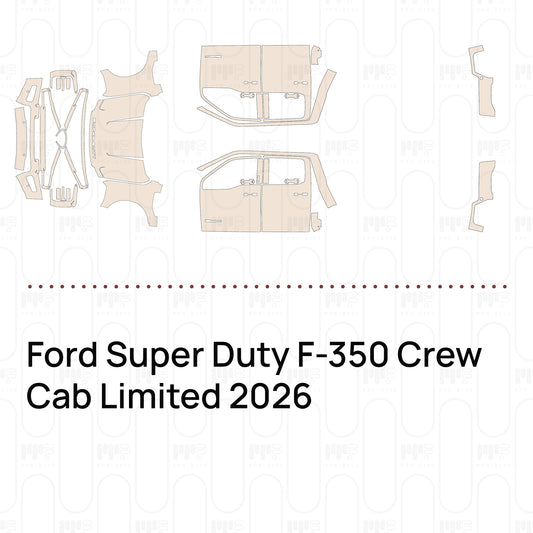 Pre-cut PPF pattern set for the Ford Super Duty F-350 Crew Cab Limited 2026: outlines of every film piece in the kit.