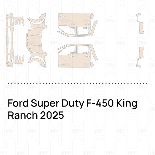 Pre-cut PPF pattern set for the Ford Super Duty F-450 King Ranch 2025: outlines of every film piece in the kit.