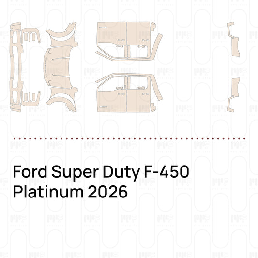 Pre-cut PPF pattern set for the Ford Super Duty F-450 Platinum 2026: outlines of every film piece in the kit.
