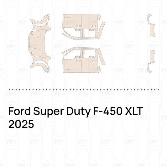 Pre-cut PPF pattern set for the Ford Super Duty F-450 XLT 2025: outlines of every film piece in the kit.