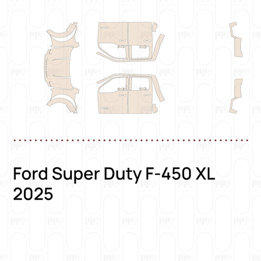 Pre-cut PPF pattern set for the Ford Super Duty F-450 XL 2025: outlines of every film piece in the kit.