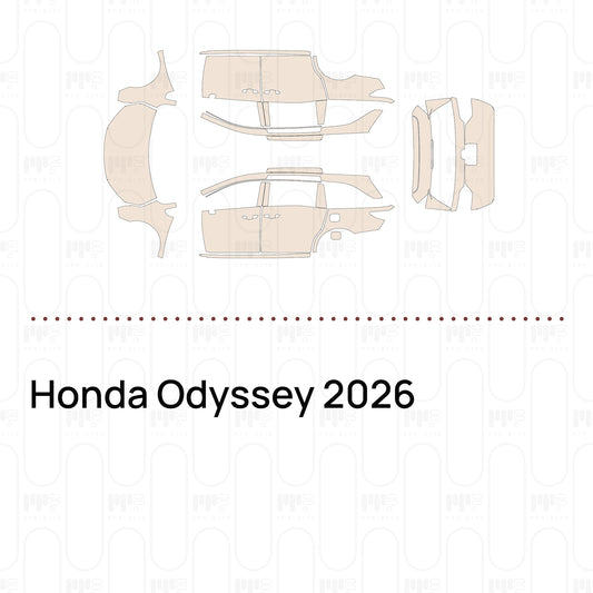 Pre-cut PPF pattern set for the Honda Odyssey 2026: outlines of every film piece in the kit.