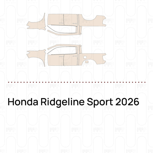 Pre-cut PPF pattern set for the Honda Ridgeline Sport 2026: outlines of every film piece in the kit.