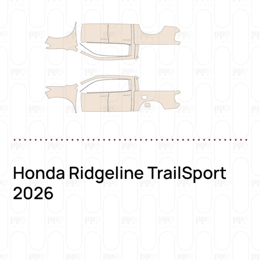 Pre-cut PPF pattern set for the Honda Ridgeline TrailSport 2026: outlines of every film piece in the kit.