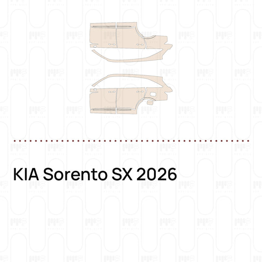 Pre-cut PPF pattern set for the KIA Sorento SX 2026: outlines of every film piece in the kit.