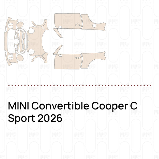 Pre-cut PPF pattern set for the MINI Convertible Cooper C Sport 2026: outlines of every film piece in the kit.