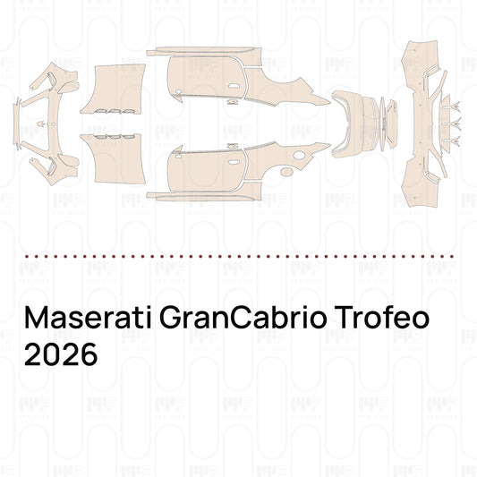 Pre-cut PPF pattern set for the Maserati GranCabrio Trofeo 2026: outlines of every film piece in the kit.