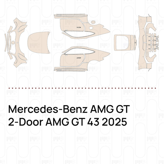 Pre-cut PPF pattern set for the Mercedes-Benz AMG GT 2-Door AMG GT 43 2025: outlines of every film piece in the kit.
