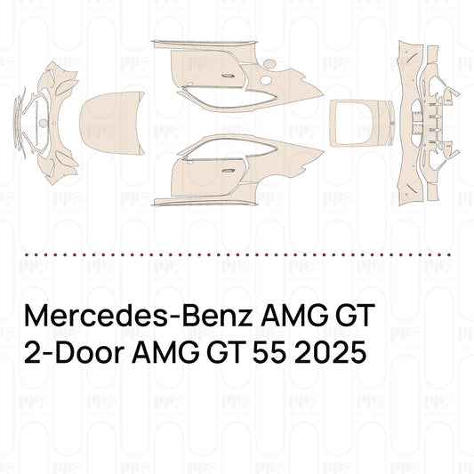 Pre-cut PPF pattern set for the Mercedes-Benz AMG GT 2-Door AMG GT 55 2025: outlines of every film piece in the kit.