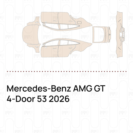 Pre-cut PPF pattern set for the Mercedes-Benz AMG GT 4-Door 53 2026: outlines of every film piece in the kit.