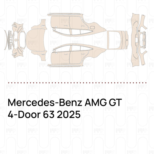 Pre-cut PPF pattern set for the Mercedes-Benz AMG GT 4-Door 63 2025: outlines of every film piece in the kit.