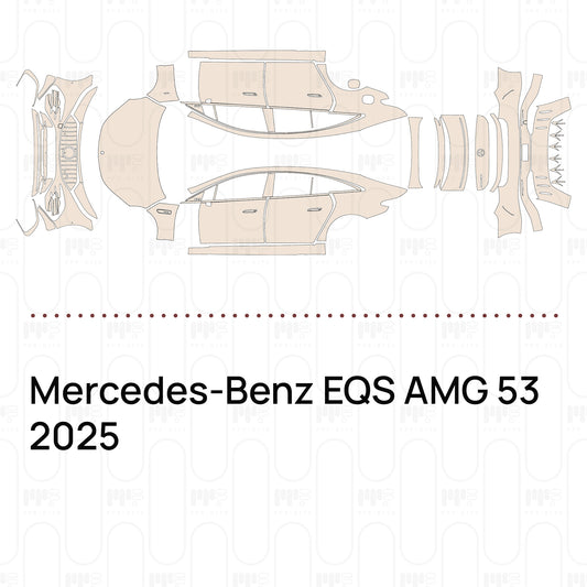 Pre-cut PPF pattern set for the Mercedes-Benz EQS AMG 53 2025: outlines of every film piece in the kit.