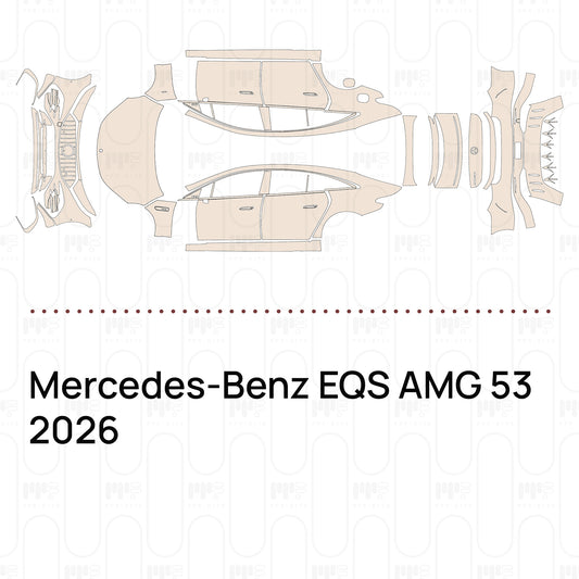 Pre-cut PPF pattern set for the Mercedes-Benz EQS AMG 53 2026: outlines of every film piece in the kit.