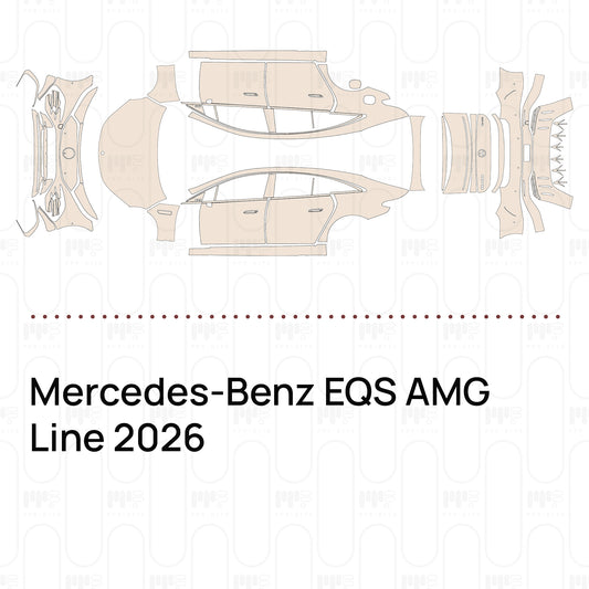 Pre-cut PPF pattern set for the Mercedes-Benz EQS AMG Line 2026: outlines of every film piece in the kit.