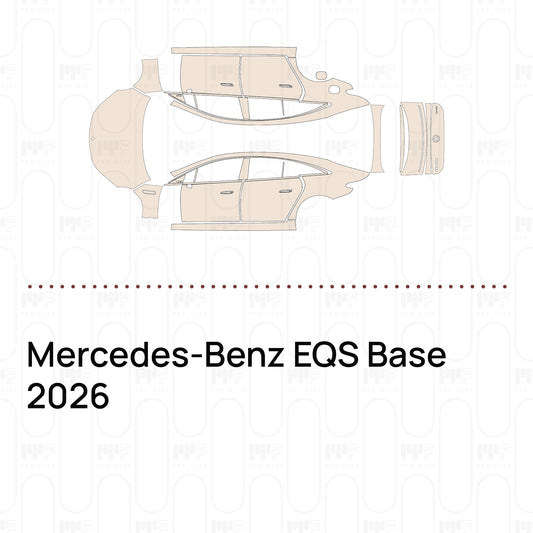Pre-cut PPF pattern set for the Mercedes-Benz EQS Base 2026: outlines of every film piece in the kit.