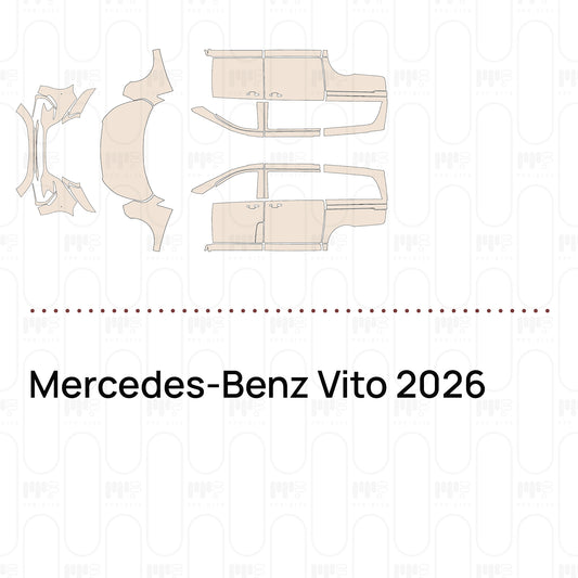 Pre-cut PPF pattern set for the Mercedes-Benz Vito 2026: outlines of every film piece in the kit.