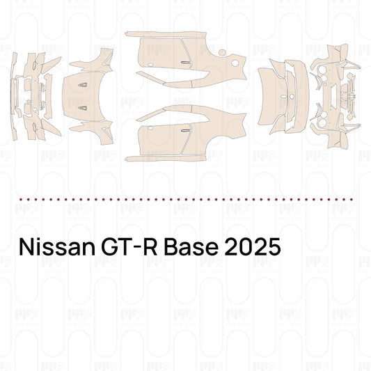 Pre-cut PPF pattern set for the Nissan GT-R Base 2025: outlines of every film piece in the kit.