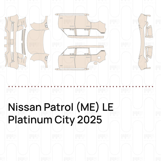 Pre-cut PPF pattern set for the Nissan Patrol ME LE Platinum City 2025: outlines of every film piece in the kit.