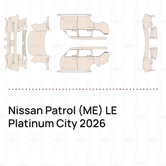 Pre-cut PPF pattern set for the Nissan Patrol ME LE Platinum City 2026: outlines of every film piece in the kit.