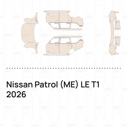 Pre-cut PPF pattern set for the Nissan Patrol ME LE T1 2026: outlines of every film piece in the kit.