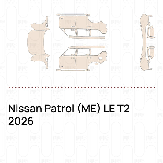 Pre-cut PPF pattern set for the Nissan Patrol ME LE T2 2026: outlines of every film piece in the kit.