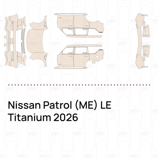 Pre-cut PPF pattern set for the Nissan Patrol ME LE Titanium 2026: outlines of every film piece in the kit.