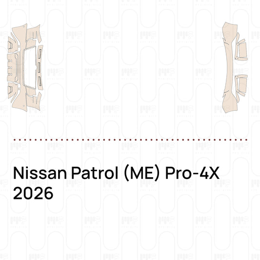 Pre-cut PPF pattern set for the Nissan Patrol ME Pro-4X 2026: outlines of every film piece in the kit.