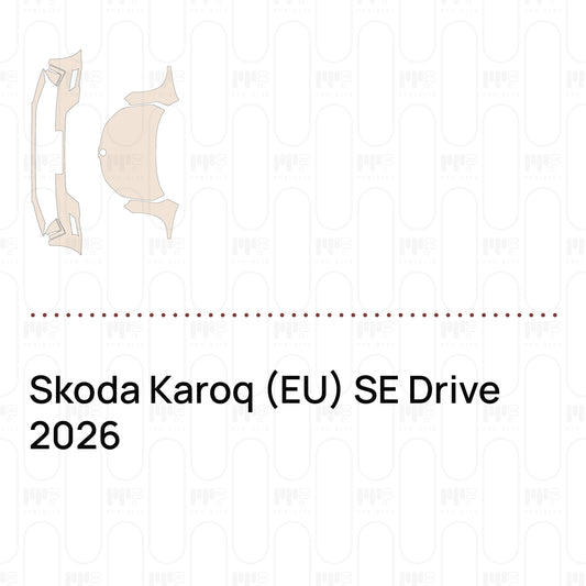 Pre-cut PPF pattern set for the Skoda Karoq EU SE Drive 2026: outlines of every film piece in the kit.