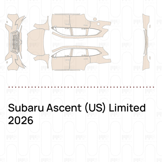 Pre-cut PPF pattern set for the Subaru Ascent US Limited 2026: outlines of every film piece in the kit.