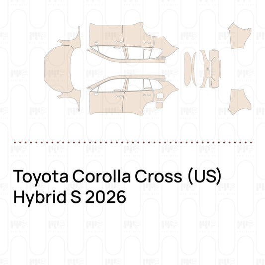 Pre-cut PPF pattern set for the Toyota Corolla Cross US Hybrid S 2026: outlines of every film piece in the kit.