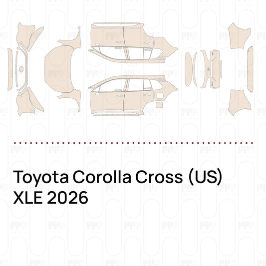 Pre-cut PPF pattern set for the Toyota Corolla Cross US XLE 2026: outlines of every film piece in the kit.