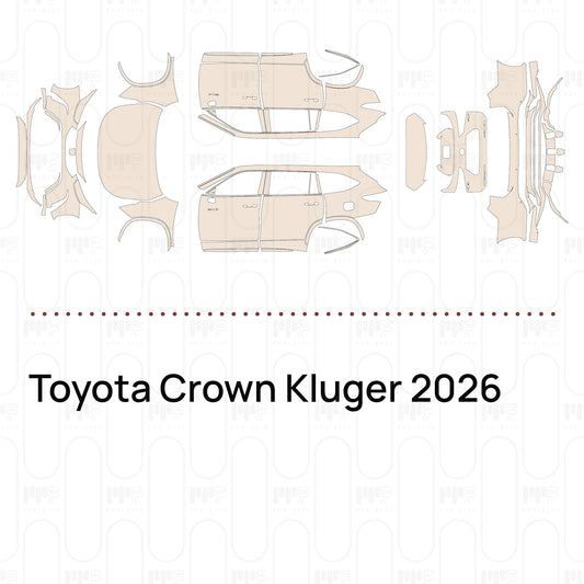 Pre-cut PPF pattern set for the Toyota Crown Kluger 2026: outlines of every film piece in the kit.