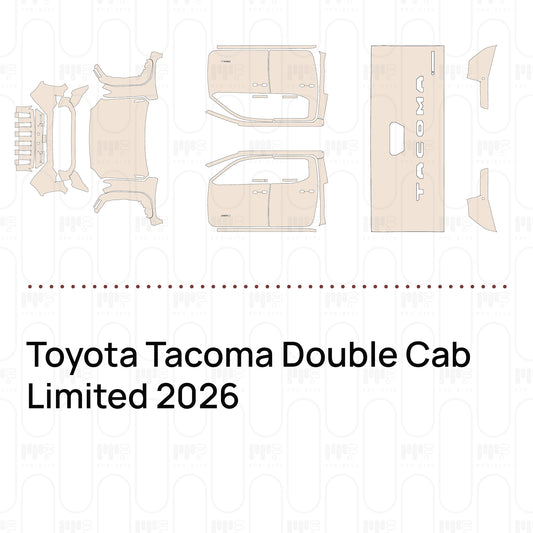 Pre-cut PPF pattern set for the Toyota Tacoma Double Cab Limited 2026: outlines of every film piece in the kit.