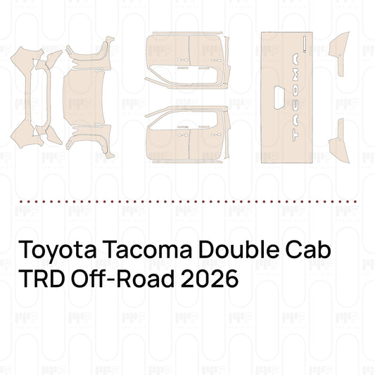 Pre-cut PPF pattern set for the Toyota Tacoma Double Cab TRD Off-Road 2026: outlines of every film piece in the kit.