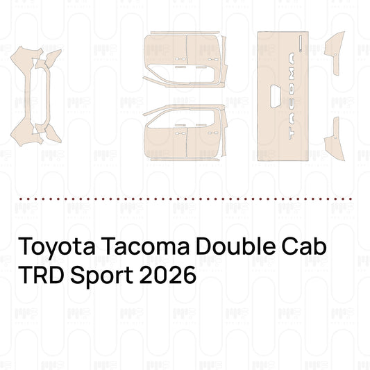 Pre-cut PPF pattern set for the Toyota Tacoma Double Cab TRD Sport 2026: outlines of every film piece in the kit.