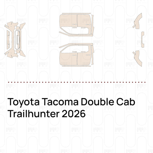 Pre-cut PPF pattern set for the Toyota Tacoma Double Cab Trailhunter 2026: outlines of every film piece in the kit.