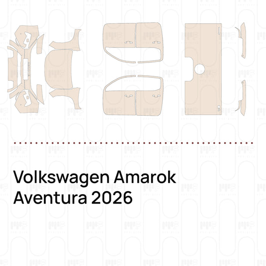 Pre-cut PPF pattern set for the Volkswagen Amarok Aventura 2026: outlines of every film piece in the kit.