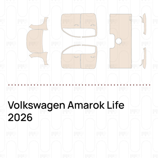 Pre-cut PPF pattern set for the Volkswagen Amarok Life 2026: outlines of every film piece in the kit.