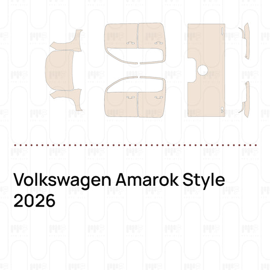 Pre-cut PPF pattern set for the Volkswagen Amarok Style 2026: outlines of every film piece in the kit.