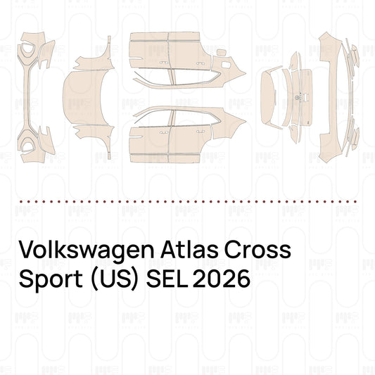 Pre-cut PPF pattern set for the Volkswagen Atlas Cross Sport US SEL 2026: outlines of every film piece in the kit.