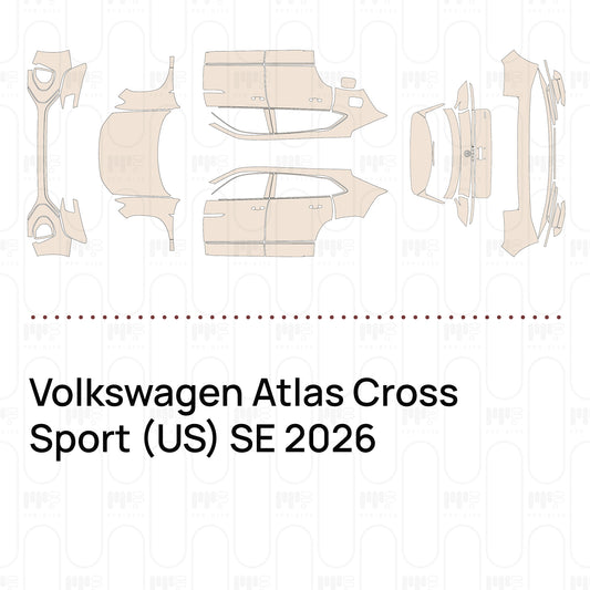 Pre-cut PPF pattern set for the Volkswagen Atlas Cross Sport US SE 2026: outlines of every film piece in the kit.