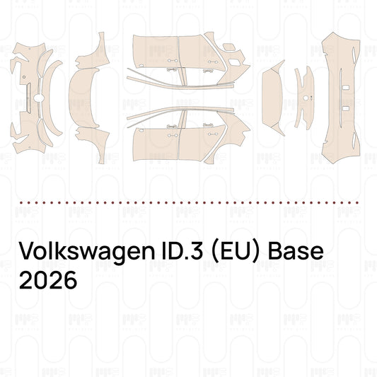 Pre-cut PPF pattern set for the Volkswagen ID.3 EU Base 2026: outlines of every film piece in the kit.