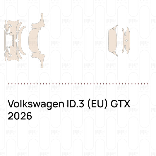 Pre-cut PPF pattern set for the Volkswagen ID.3 EU GTX 2026: outlines of every film piece in the kit.