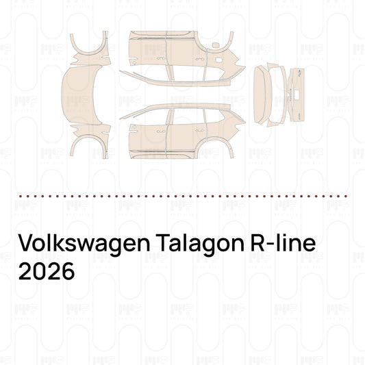 Pre-cut PPF pattern set for the Volkswagen Talagon R-line 2026: outlines of every film piece in the kit.