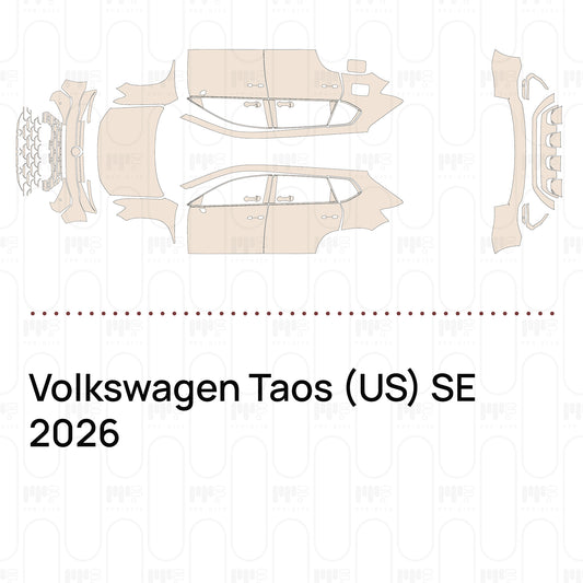 Pre-cut PPF pattern set for the Volkswagen Taos US SE 2026: outlines of every film piece in the kit.
